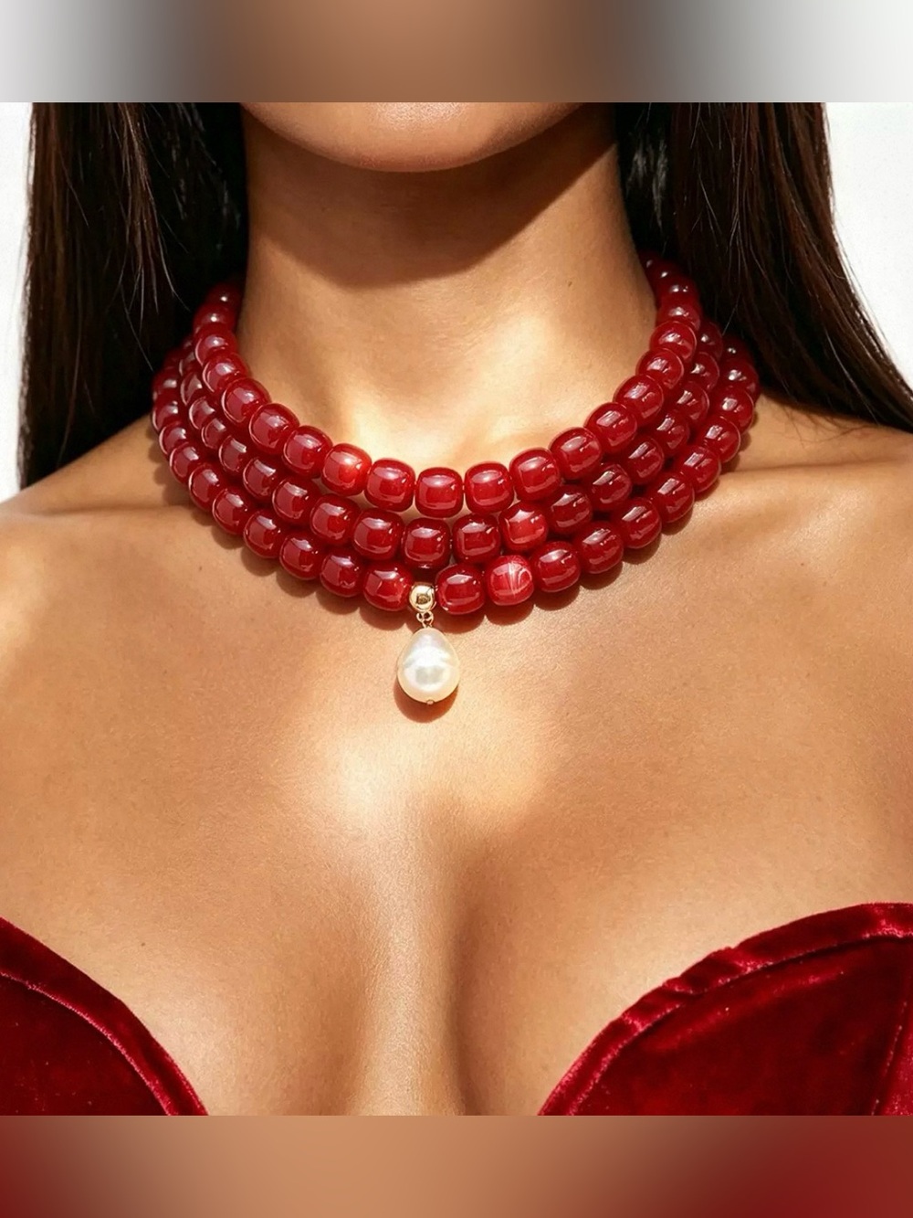 Multi Strand Red Beaded Choker Necklace Pearl Drop Pendant